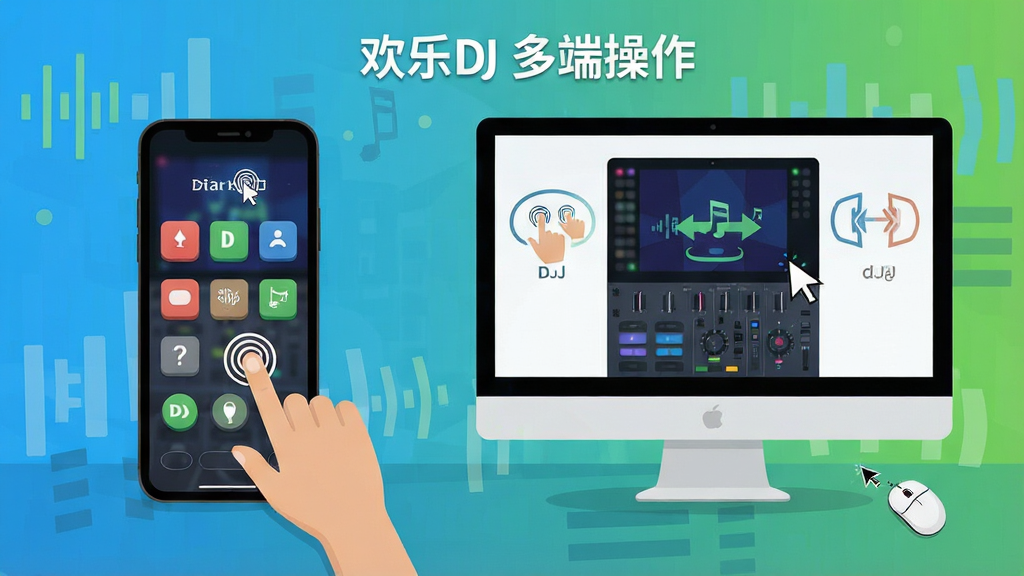 欢乐DJ移动端与电脑端操作界面对比图,主体为左侧手机屏幕与右侧电脑显示器,布局为左右并排展示,排版突出触控按钮与鼠标操作差异,风格为简洁扁平化设计,细节包括手指触控图标、鼠标指针与数据同步箭头,画质为高清矢量渲染,干净无多余元素,画面中标注文字
