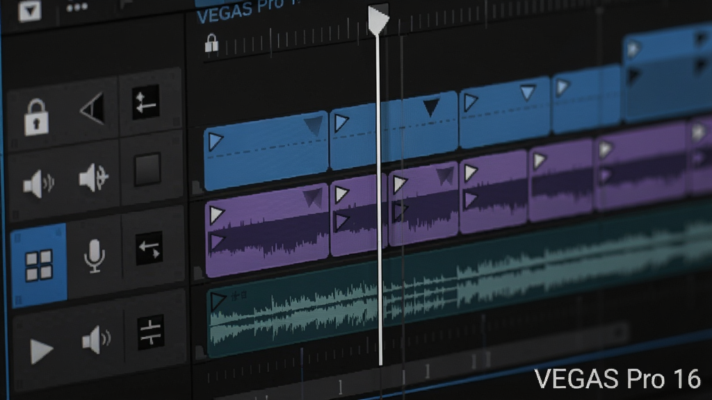 һ��չʾ VEGAS Pro 16 ʱ���߼������ܵ���дͼ��������������ɫʱ������壬������Ƶ����Ϸֲ�����ɫ����ɫ��Ƭ�ο飬һ����ɫ����ͷ���߹ᴩ���У������������������������ఴť�����沼��Ϊ�ֲ��Ŵ��ӽǣ����Ϊרҵ���������ͼ���ϸ�ڰ���Ƭ�α�Ե�ĵ��뵭�����Ǳ�ǡ���Ƶ��������������ɾ��޶���ͼ�꣬����Ϊ���壬���ֱ�ע��VEGAS Pro 16��λ��������
