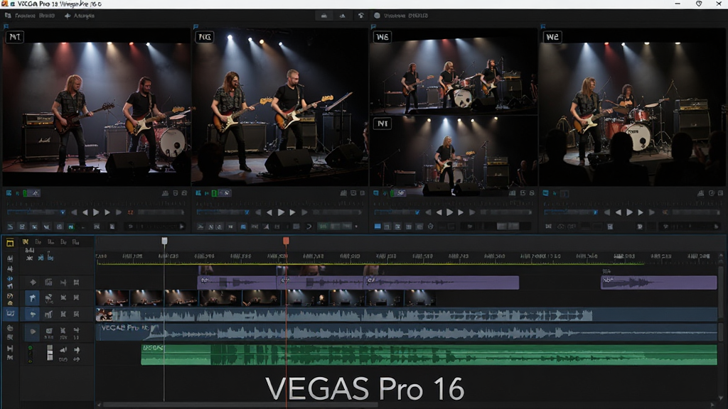һ��չʾ VEGAS Pro 16 ���λ���������ʾ��ͼ�������������Ĺ���Ԥ��������ʾ��ͬ�Ƕȵ��ֶ��ݳ����棬�·���ʱ���������еĶ�����Ƶ���������Ϊ���½ṹ�����Ϊרҵ��Ƶ�����������棬ϸ�ڰ���ÿ��Ԥ�����ڵĻ�λ��š���Ƶ�������������ӣ�����ɾ�������Ԫ�أ�����Ϊ���壬���ֱ�ע��VEGAS Pro 16��λ�ڽ���ײ�