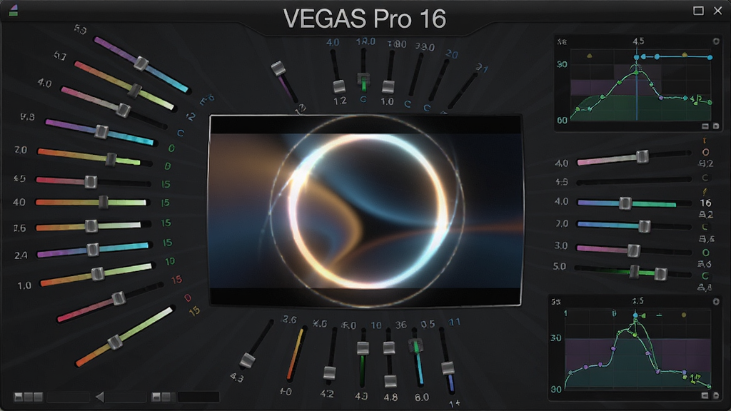 һ��չʾ VEGAS Pro 16 ��Ч�ϳ�����ʾ��ͼ��������������ƵԤ��������ʾһ�����й�����Ч�ĳ����棬��Χ�����Ŷ���������ڻ�����ؼ�֡����ͼ������Ϊ����״Χ��Ԥ���������Ϊ�Ƽ������ݿ��ӻ����棬ϸ�ڰ�����ɫ���们�顢���������߿��Ƶ㣬����ɾ������ֶѵ�������Ϊ���壬���ֱ�ע��VEGAS Pro 16��λ����嶥��