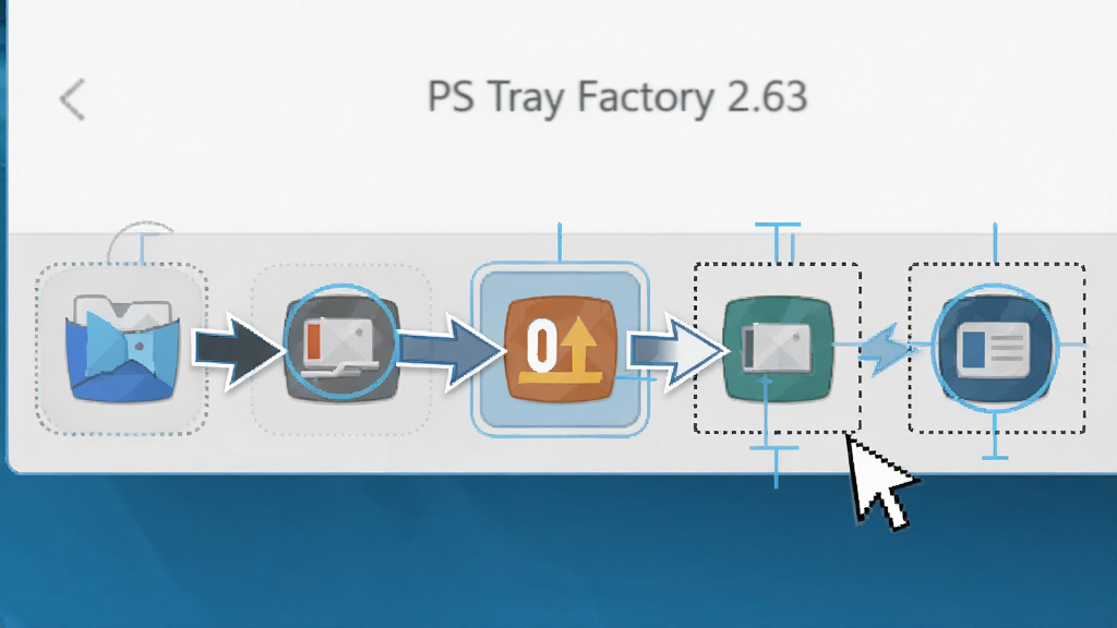 PS Tray Factory 2.63 ͼ��˳���������й���չʾ����������Ϊ��������������ͼ�걻��ק����Ĺ��̣�����Ϊ�������е�ͼ�����У��Ű�ͻ����ק��ͷ��λ��ָʾ�ߣ����Ϊ��ƽ�������������棬ϸ�ڰ������ָ�롢ͼ�����״̬���������߿򣬻��ʸ��壬����ɾ����޶���Ԫ��