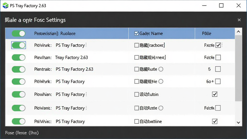 PS Tray Factory 2.63 ��������������趨���棬��������Ϊ�������ô����еĹ����б�������Ϊ���½ṹ�Ĺ�����Ŀ���У��Ű�����淶�����Ϊ�����Լ�������棬ϸ�ڰ������ذ�ť���������ơ����ع���ѡ�������ѡ�򣬻��ʸ��壬����ɾ����޶���Ԫ��