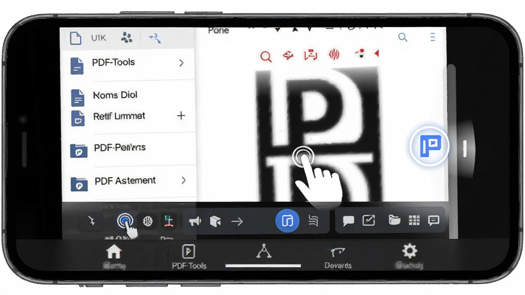 PDF-Tools �ƶ��˲�������ʾ��ͼ������Ϊ�ֻ���Ļ��ʾPDF�Ķ���༭���棬�����Ϸ�Ϊ�ļ��б����·�Ϊ���ܰ�ť���Ű��ʺϴ��ز��������Ϊ�ƶ�Ӧ�÷磬ϸ�ڰ�����ָ���ͼ�ꡢҳ�滬��Ч�����ײ������������ʸ��壬�ɾ����޶���Ԫ��