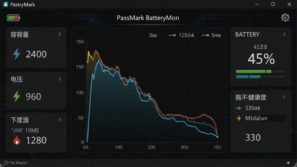 PassMark BatteryMon �����������ͼ������Ϊ��ɫ�Ƽ����Ǳ��̣�����������ʵʱ��طŵ�����ͼ�������ʾ��������ѹ���¶���ֵ���Ҳ�Ϊ��ؽ����Ȱٷֱȣ��Ű��������򣬷��Ϊ�ִ���Լ�Ƽ��磬ϸ�ڰ������ͼ�ꡢ��̬���ߡ�������壬���ʸ��壬����ɾ����޶���Ԫ��