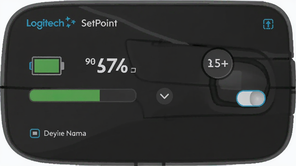 һ��չʾ Logitech SetPoint ������ؽ����ͼƬ����������ʾһֻ�������ĵ��ͼ����ʣ������ٷֱȣ��Ա��е͵���������ѡ����Ϊ��Լ��ƽ����ƣ�ϸ�ڰ������������������ѿ��ء��豸���ƣ����ʸ��壬����ɾ����޶���Ԫ��