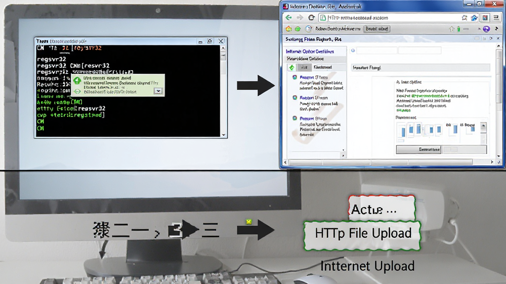 HTTP File Upload ActiveX ע���밲װ��������ͼ������Ϊ������Ļ��ʾCMD���������������ý��棬����Ϊ���·ֲ�ͼʾ���Ű�Ϊ����һ���������Ϊ�̳̽�ͼ�磬ϸ�ڰ���regsvr32����ɹ���ʾ��Internetѡ����壬���ʸ��壬�ɾ����޶���Ԫ��