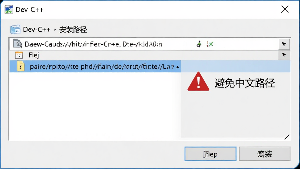 Dev-C++ ��װ·��ѡ����棬����չʾ�ļ�����Ի��򣬸�����ʾһ����Ӣ��·���ļ��У��Ա��о����־��������ʾ����������·���������ֱ���������ɾ��޶���Ԫ�أ����廭��