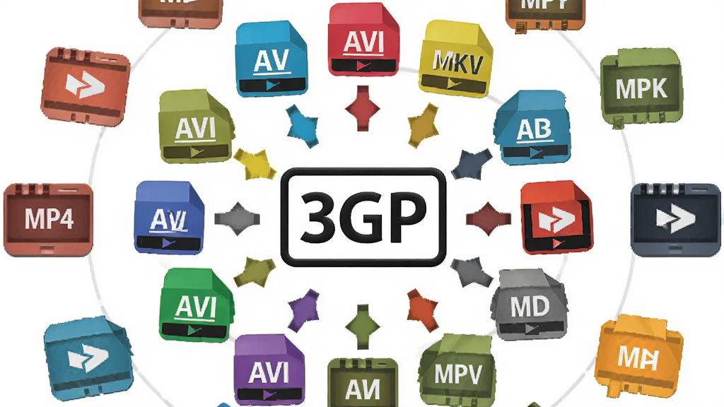 һ��չʾ3GPת������ʽ�����Ե�ʾ��ͼ����������Ϊ�����Ƶ��ʽͼ�껷�����м��3GP��־�����ֲ���Բ�η���״���У��Ű���жԳƣ����Ϊ��ƽ����ƣ�ϸ�ڰ���MP4��AVI��MKV�Ȳ�ɫͼ��ͼ�ͷָ��3GP�����ʸ��壬�ɾ����޶���Ԫ��