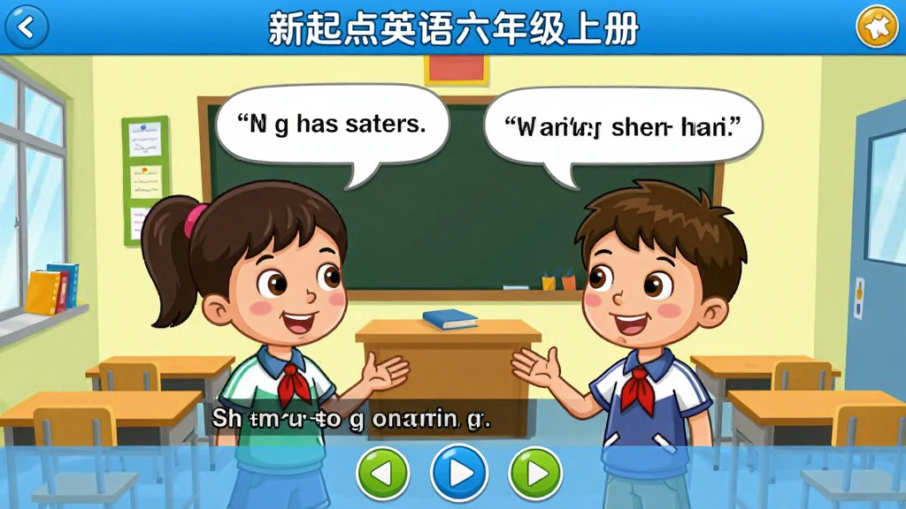 �����Ӣ�����꼶�ϲ��������Ŀ��Ķ�����ʾ���棬������չʾһ����ͨ����Ӣ��Ի�����������Сѧ����ɫ������Ӣ�ｻ̸�������ǽ��ҳ�������Ļ�·��жԻ�������Ļ�Ͳ��ſ��ư�ť�����涥����