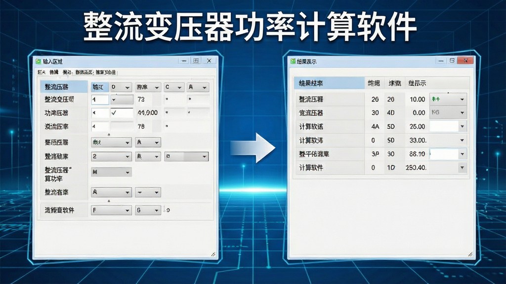 一张展示整流变压器功率计算软件多参数联动计算功能的图片,画面中软件界面分为左右两栏,左侧为输入区域,右侧为结果展示区域,中间有箭头连接表示数据流转,背景为淡蓝色科技感网格,风格为简洁软件界面展示,细节清晰,画质干净,无多余元素,图片中文字标注“整流变压器功率计算软件”