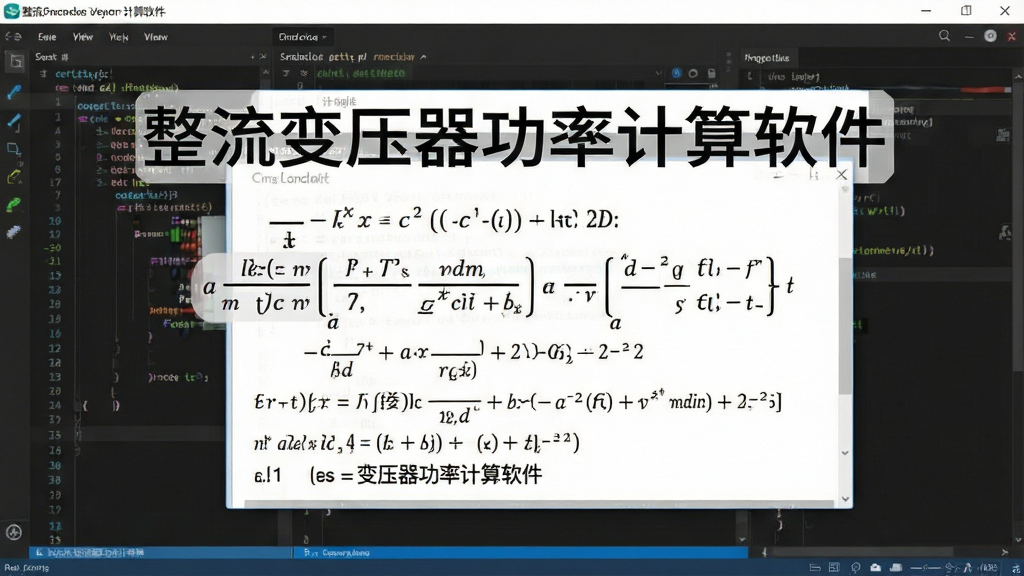 一张展示整流变压器功率计算软件内置工程公式功能的图片,画面中软件界面弹出公式说明浮层,浮层内显示数学公式和参数注释,背景为深色代码编辑器风格,风格为技术教学展示,细节清晰,画质干净,无多余元素,图片中文字标注“整流变压器功率计算软件”