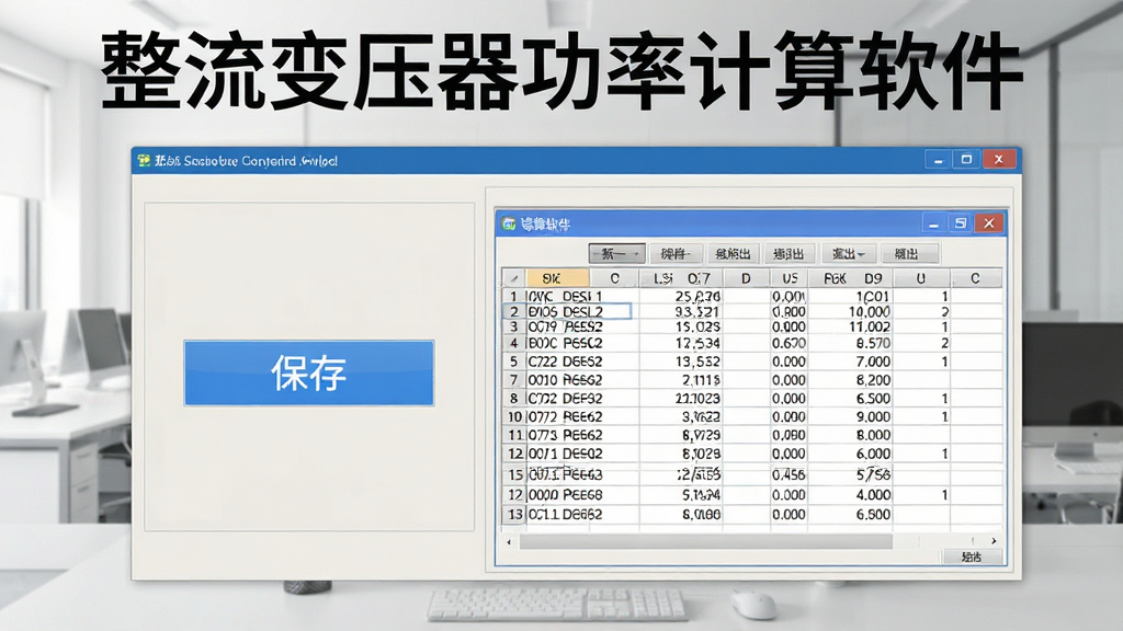 一张展示整流变压器功率计算软件参数保存与导出功能的图片,画面中软件界面显示保存按钮和导出表格预览,表格中包含多组变压器参数数据,背景为浅灰色办公环境,风格为商务软件展示,细节清晰,画质干净,无多余元素,图片中文字标注“整流变压器功率计算软件”