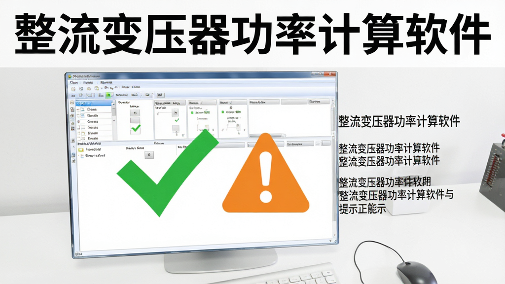 一张展示整流变压器功率计算软件结果校验与提示功能的图片,画面中软件界面显示绿色对勾和橙色警告图标,旁边有参数列表和校验说明文字,背景为白色简洁办公桌面,风格为软件功能演示,细节清晰,画质干净,无多余元素,图片中文字标注“整流变压器功率计算软件”