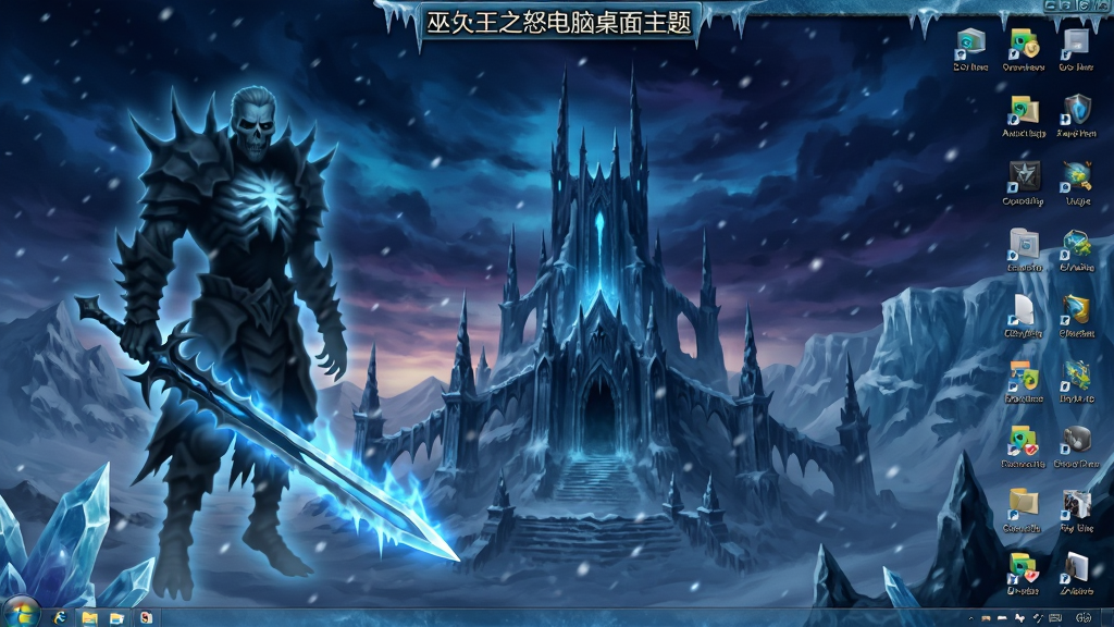一张以巫妖王之怒为主题的电脑桌面全景效果图,画面中央是冰冠堡垒矗立在暴风雪中的远景,天空呈现幽蓝与暗紫交织的极地暮色,画面左侧悬浮着巫妖王阿尔萨斯的半透明剪影,右手持霜之哀伤,剑身散发幽蓝寒光,桌面图标整齐排列在画面右侧区域,整体布局为16比9横向宽屏构图,风格为暗黑奇幻CG插画风格,细节包括飘落的雪花、冰晶折射的冷光、远处冰川的层叠纹理、桌面上方任务栏呈现冰霜质感,画面中文字标注“巫妖王之怒电脑桌面主题”字样,画质为4K超高清,干净,无多余元素