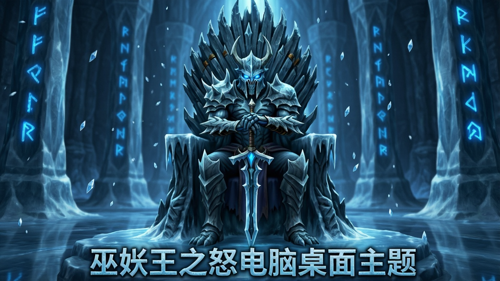一张以冰冠堡垒内部冰封王座为主题的高清壁纸预览图,画面主体是巫妖王阿尔萨斯端坐于冰封王座之上,头戴统御之盔,双手握着霜之哀伤剑柄,剑尖抵住冰面,背景是巨大的冰柱与幽蓝符文环绕的大厅,画面布局为居中对称构图,风格为暴雪官方CG概念艺术风格,细节包括冰面倒影、头盔缝隙透出的幽蓝目光、王座台阶上的冰霜纹理、空气中悬浮的冰晶微粒,画面底部居中位置用冰霜质感字体标注“巫妖王之怒电脑桌面主题”,画质为8K超高清,干净,无多余元素