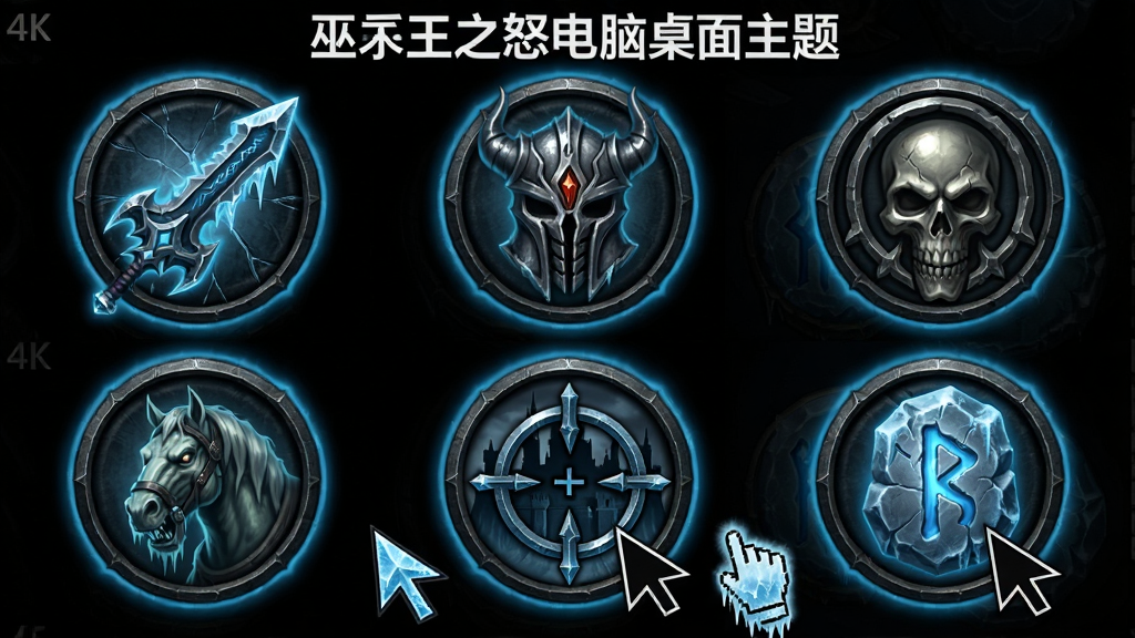 一套以巫妖王之怒为主题的系统图标与鼠标指针展示图,画面中排列着六个圆形图标,分别描绘霜之哀伤剑刃、统御之盔、天灾军团骷髅徽记、冰冠堡垒轮廓、亡灵战马头部、冰霜符文石,图标风格为暗黑金属质感搭配幽蓝发光边缘,画面下方展示三个鼠标指针造型分别为冰蓝箭头、符文十字准星、霜冻手型光标,整体布局为两行三列加底部单行排列,风格为游戏UI设计展示图风格,细节包括图标表面的冰裂纹理、金属高光、符文刻痕,画面顶部居中用白色字体标注“巫妖王之怒电脑桌面主题”,画质为4K超高清,干净,无多余元素