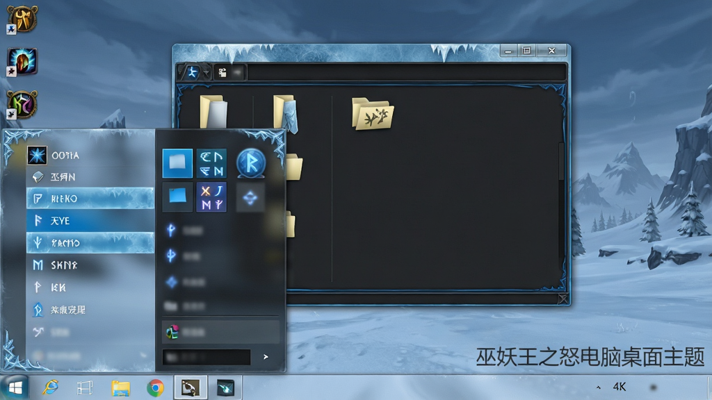 一张展示Windows电脑桌面任务栏与窗口美化效果的截图风格图片,画面中任务栏呈现半透明磨砂冰霜质感,开始菜单展开后显示冰蓝色高亮选项,打开的文件夹窗口边框为暗灰色搭配幽蓝描边,壁纸背景为诺森德雪原远景,画面布局为桌面全景视角,风格为系统界面展示图风格,细节包括任务栏图标被替换为魔兽风格图标、窗口标题栏的冰霜纹理、开始菜单中的符文装饰线条,画面右下角用浅灰色字体标注“巫妖王之怒电脑桌面主题”,画质为4K超高清,干净,无多余元素