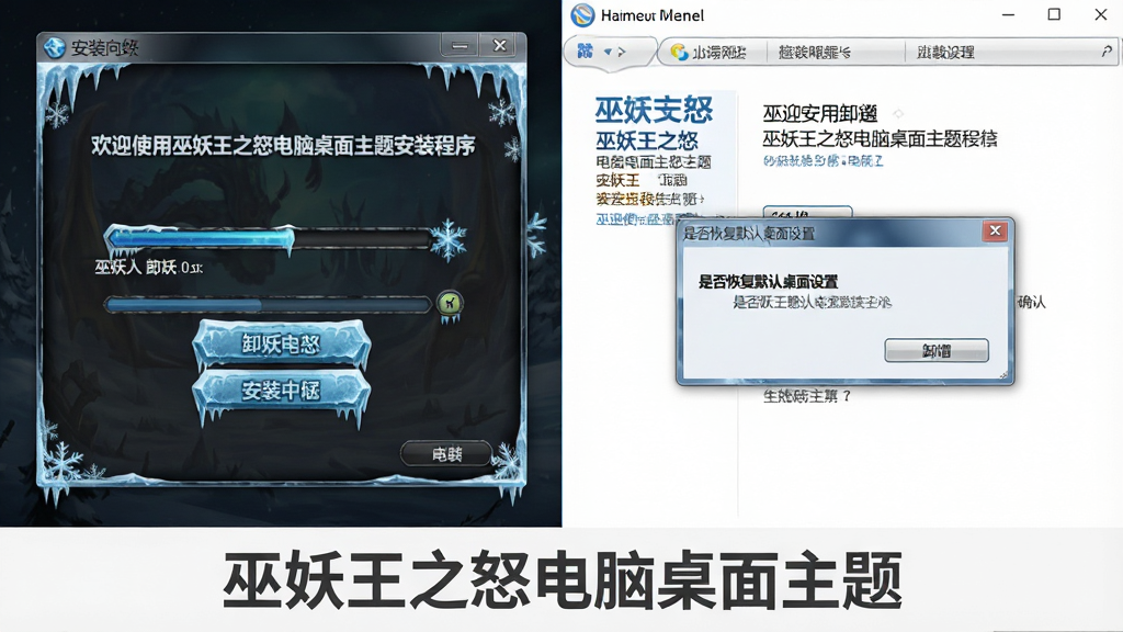 一张展示软件安装界面与卸载流程的示意图,画面分为左右两部分,左侧为安装向导窗口显示“欢迎使用巫妖王之怒电脑桌面主题安装程序”字样与冰霜风格按钮,右侧为控制面板卸载界面显示该主题名称与卸载按钮,画面布局为左右对比式构图,风格为软件界面截图展示风格,细节包括安装进度条呈现冰蓝色、窗口边框带有雪花装饰、卸载确认弹窗显示“是否恢复默认桌面设置”,画面底部居中用深灰色字体标注“巫妖王之怒电脑桌面主题”,画质为高清,干净,无多余元素