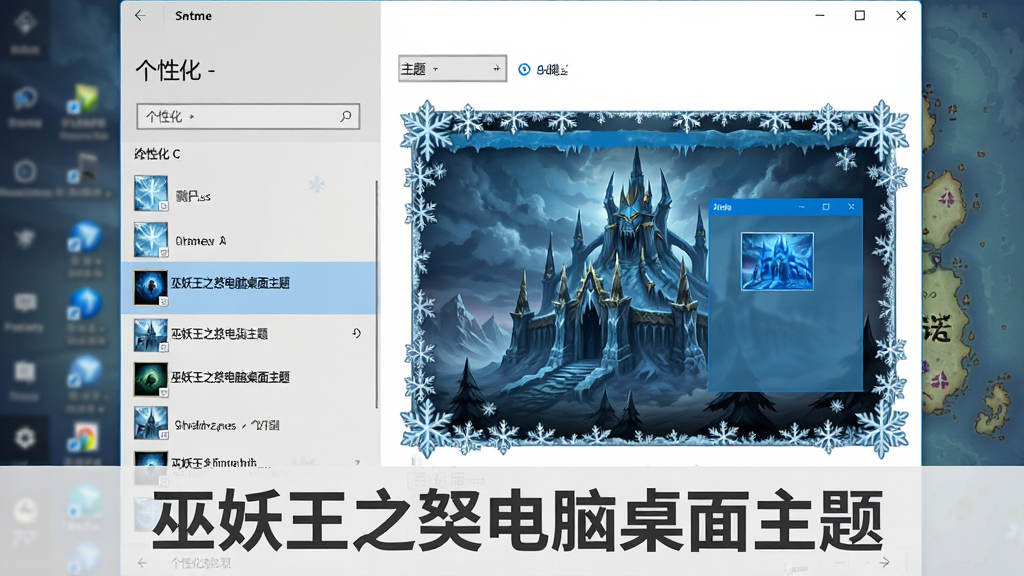 一张展示电脑桌面个性化设置界面的示意图,画面中显示Windows设置窗口打开在“个性化-主题”页面,主题列表中高亮选中“巫妖王之怒电脑桌面主题”选项,右侧预览区域显示冰冠堡垒壁纸缩略图与冰蓝色窗口配色示例,画面布局为居中偏右构图,风格为系统设置界面截图风格,细节包括主题列表中的冰霜图标、预览区域的雪花装饰边框、背景中隐约可见的诺森德地图轮廓,画面底部居中用深灰色字体标注“巫妖王之怒电脑桌面主题”,画质为高清,干净,无多余元素