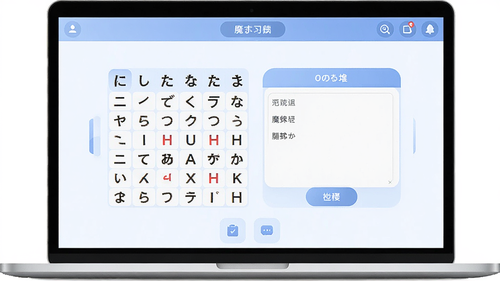日语魔法师软件主界面展示,主体为一台打开的笔记本电脑屏幕,屏幕上显示日语学习软件界面,包含五十音图表格和单词查询框,布局居中对称,排版清晰有序,风格为现代简约科技风,细节包括柔和的蓝白配色、清晰的文字标签、整洁的图标按钮,画质高清干净无多余元素