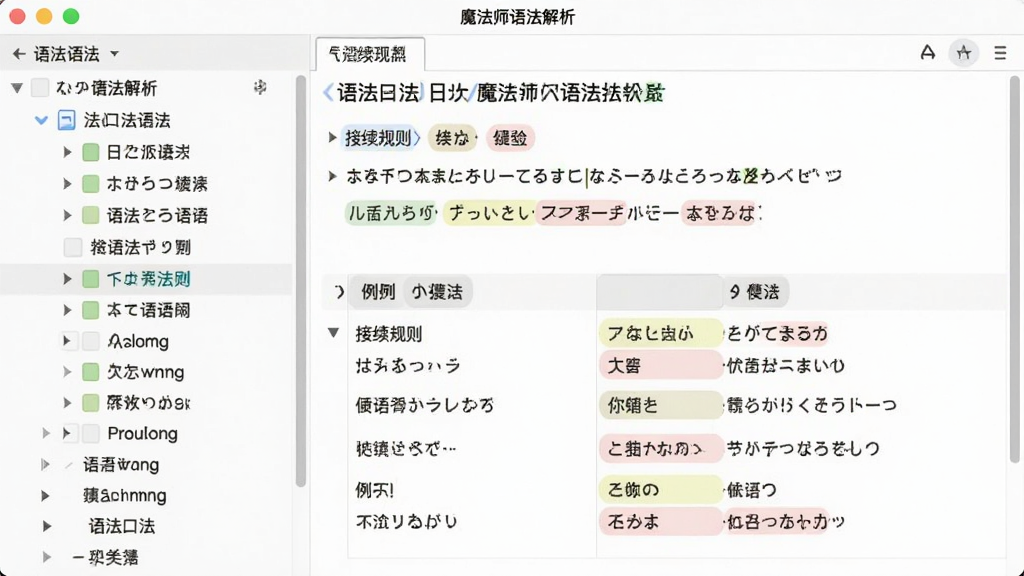 日语魔法师语法解析界面,主体为软件窗口中的语法条目列表,布局为左侧目录树右侧详情面板,排版包含语法标题、接续规则、例句对照,风格专业学习风,细节有高亮标注的语法结构和不同颜色的词性标签,画质高清干净无多余元素