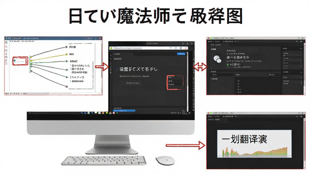 日语魔法师使用教程示意图,主体为电脑屏幕上的软件操作界面,布局为分步骤截图展示,排版包含安装向导、设置面板和划词翻译演示,风格教学指导风,细节有红色标注框和箭头指引,画质高清干净无多余元素