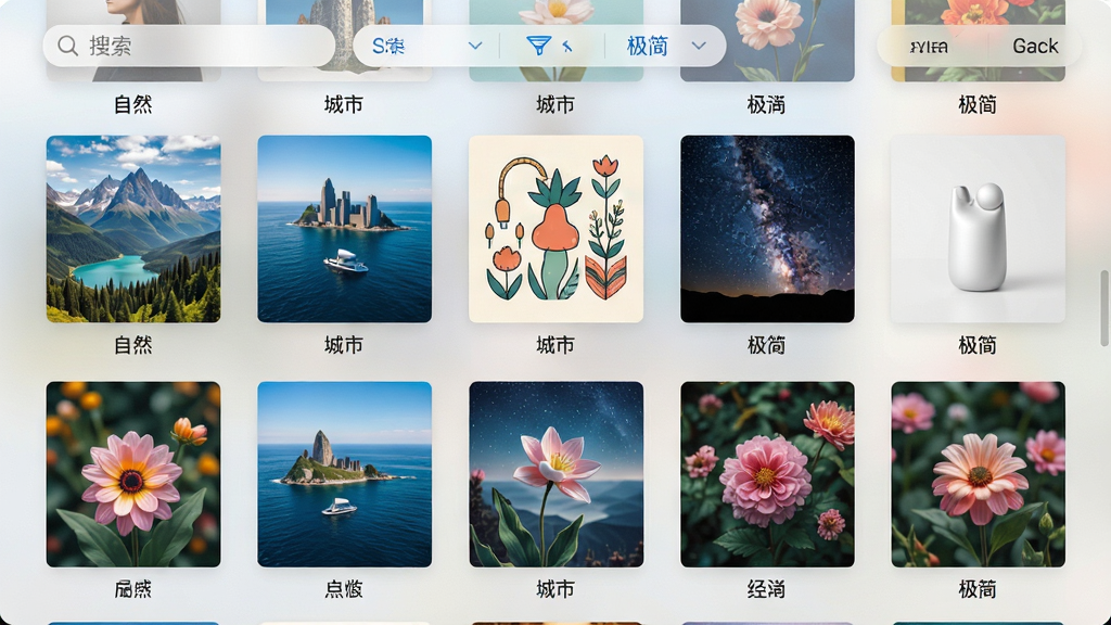 开屏桌面画报软件内部图库界面截图,画面中展示着整齐排列的高清画报缩略图网格,每张缩略图下方标注着分类标签如自然、城市、插画、极简等,界面顶部有搜索框和筛选按钮,背景为浅色磨砂质感,整体风格清新现代,图片内容包含山川、海洋、星空、花卉等元素,画质清晰色彩饱满,画面干净无杂乱,4K分辨率