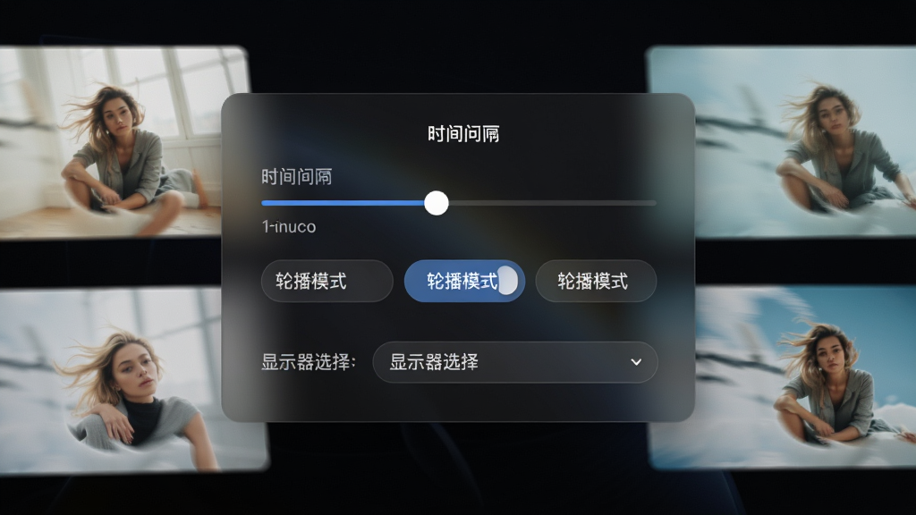 开屏桌面画报智能轮播设置界面,画面展示一个简洁的设置面板,面板上有时间间隔滑块、轮播模式选择按钮和显示器选择下拉菜单,背景为深色玻璃拟态风格,面板周围环绕着几张正在切换的画报预览图,体现动态轮播效果,画面布局清晰,文字标注明确,整体干净利落,4K画质