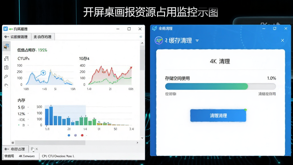 开屏桌面画报资源占用监控示意图,画面左侧显示软件在任务管理器中的低CPU和内存占用数据,右侧展示软件内置的缓存清理界面,界面中有存储空间使用进度条和清理按钮,整体风格为科技蓝调配色,图表清晰直观,画面简洁无冗余元素,4K画质