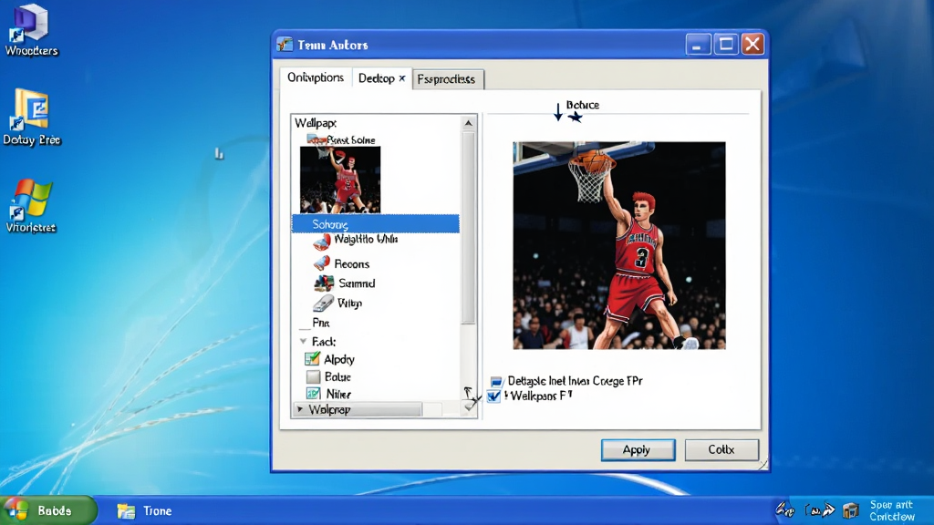 һ�ŵ����������ʾ��ͼ������չʾ�û���Windows XPϵͳ�������Ҽ�������Ժ����ʾ���Դ��ڣ�����������ѡ�����ѡ��״̬����ֽ�б��й������ֱ�ֽ������ѡ�У��Ҳ�Ԥ��������ʾӣľ�����������棬�����·���Ӧ�ú�ȷ����ť�������������������ָ����ȷ���ɾ��޶���Ԫ��
