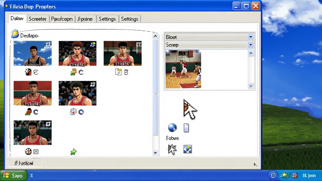 �������ֵ����������� XP��ĸ��Ի����ý���ʾ��ͼ������չʾWindows XP��ʾ���Դ��ڣ�ѡ��пɿ������桢��Ļ����������ۡ����õȱ�ǩ�������б����ж��Ź������ֱ�ֽ����ͼ����Ļ�������������˵�����ʾ��������ѡ����ָ�뷽����չʾ��������ָ�룬��������������Ű���������ʸɾ�