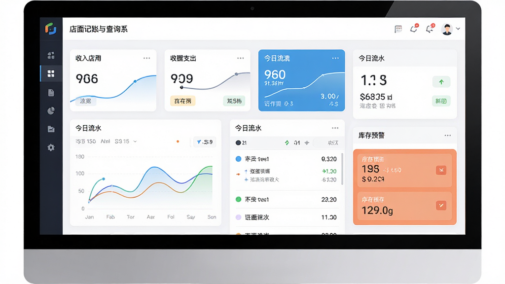 软件主界面概览图,主体为电脑屏幕显示店面记账与查询系统仪表盘,布局清晰展示收入支出卡片、今日流水列表与库存预警区域,排版采用左右分栏设计,风格为现代简约商务风,细节包含图表曲线与数字高亮,画质高清,界面干净整洁,无多余杂乱元素