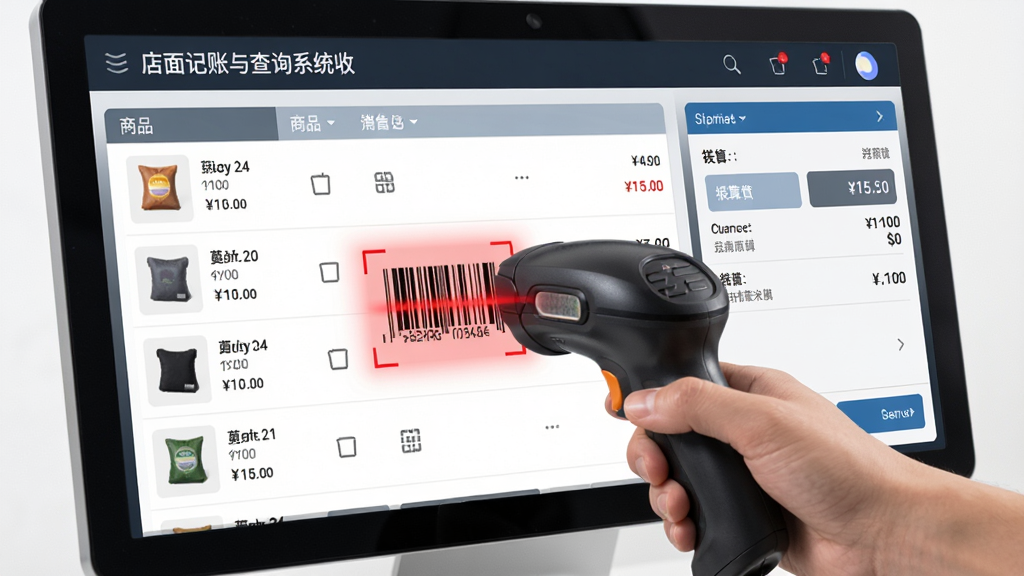 电脑屏幕上显示店面记账与查询系统收银界面,主体为扫码枪正在扫描商品条码,布局为左侧商品列表右侧结算面板,排版紧凑合理,风格为科技感商务风,细节包含扫描红光、商品缩略图与价格数字,画质清晰,画面干净,无多余背景元素