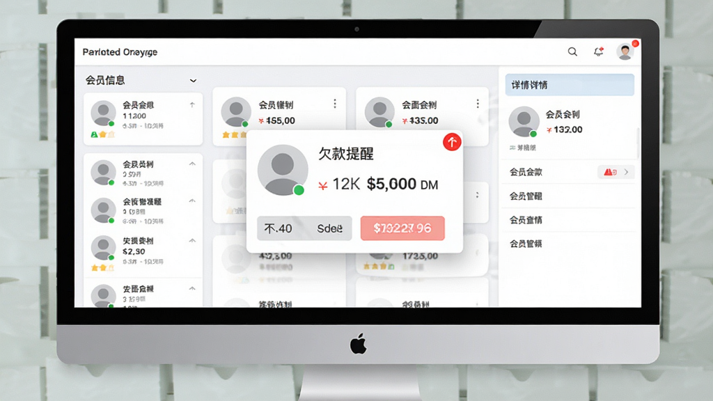 店面记账与查询系统会员管理模块展示图,主体为电脑屏幕显示会员信息卡片与欠款提醒弹窗,布局为左侧会员列表右侧详情面板,排版清晰,风格为亲和力商务风,细节包含头像占位、金额数字与红色提醒标识,画质清晰,画面干净,无多余杂乱元素