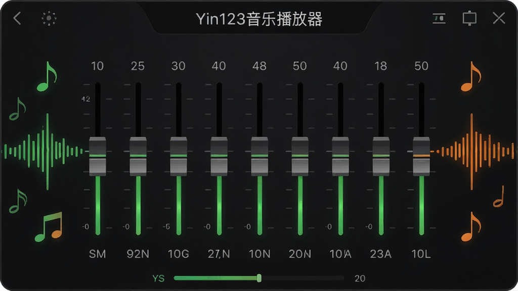���������ڽ�����д����Ļ������ʾ��Yin123���ֲ����������֣�10��Ƶ�������������룬��Χ��������������ͼ�Σ����־��жԳƣ���ɫ��������ɫ���ɫ��Ч��׺��ϸ��չʾƵ����ֵ�����廭�ʣ��ɾ��޶���Ԫ��