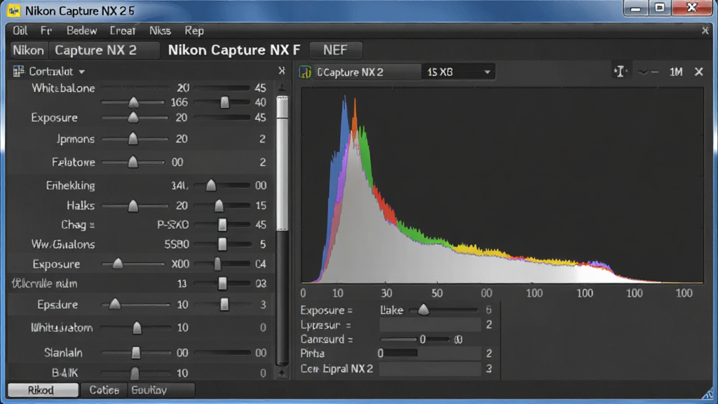 软件RAW处理界面,主体为Nikon Capture NX 2 编辑NEF文件的窗口,布局展示左侧参数列表与右侧直方图,排版突出RAW调整选项,风格为专业图像处理软件界面,细节包含白平衡、曝光、优化校准等参数滑块,画质高清,干净,无多余元素