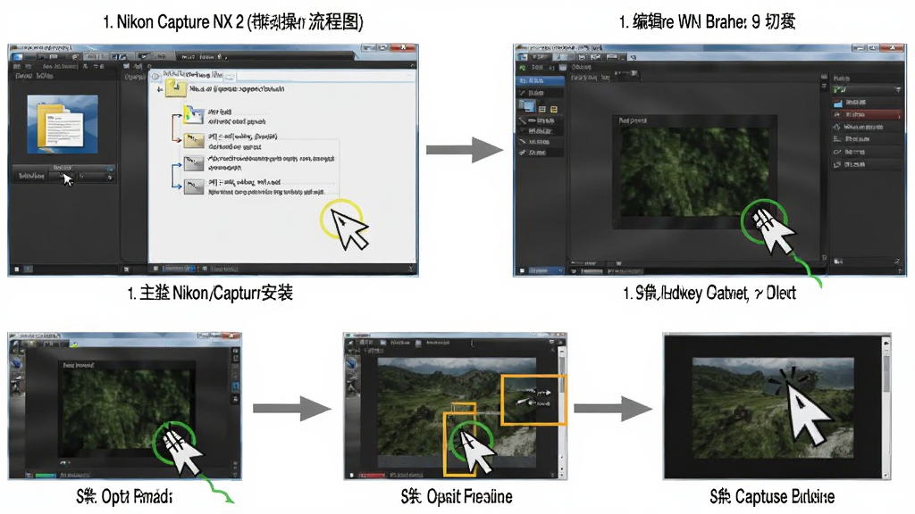 Nikon Capture NX 2 操作流程图,主体为软件安装向导与编辑界面切换,布局展示从打开文件到导出成品的步骤,排版为分步截图组合,风格为教程示意图,细节包含鼠标点击高亮与文字标注,画质高清,干净,无多余元素