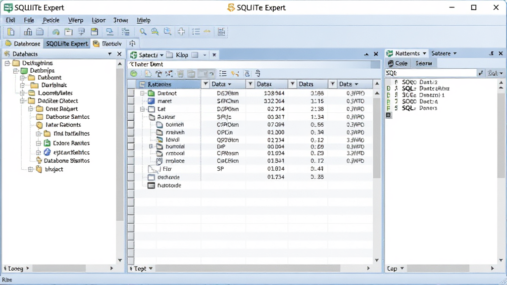 һ��չʾSQLite Expert��������Ľ�ͼ���������������ݿ���ṹ�������ڣ����Ϊ���ݿ���������б����Ҳ�Ϊ���ݱ�����SQL�༭�������岼�����������Ϊ�ִ��칫�������棬��ɫ���ɫΪ��ɫ�������������ɾ����޶���Ԫ��