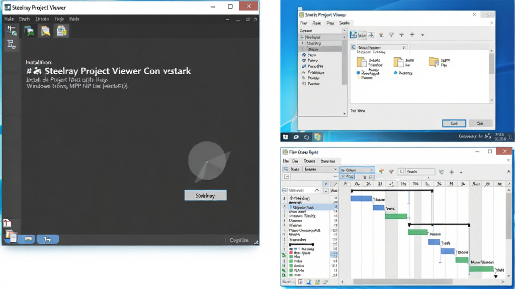 һ��չʾ Steelray Project Viewer ������ Windows �����ϰ�װ��� MPP �ļ��Ĳ�������ͼ������Ϊ������װ�������ļ��򿪴��ڣ�����Ϊ�ֲ���ͼ���У��Ű����������Ϊ�̳���������ͼ��ϸ�ڰ�����װ��ť���ļ�����Ի��������ͼԤ�������ʸ��壬�ɾ������