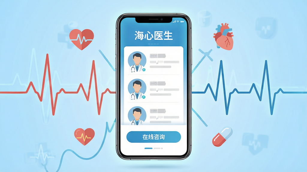 �����������һ�������ֻ����ֻ���Ļ����ʾ������ҽ����App����ҳ���棬��������ҽ��ͷ���б���������ѯ��ť���ֻ���Χ�������ĵ�ͼ����ͼ��������ͼ�ꡢҩ��ͼ���ҽ��Ԫ�أ�����Ϊǳ��ɫ���䣬���岼��Ϊ���й�ͼ�����Ϊ��ƽ��ҽ�ƿƼ��磬ϸ�����ֻ���Ļ����΢�ķ���Ч�����ĵ粨�������������������ʸɾ��������޶���Ԫ��