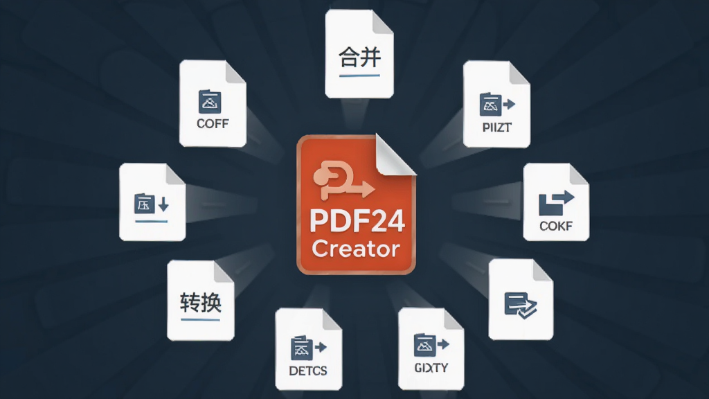 一张展示PDF24 Creator功能多样性的示意图,画面主体是多个悬浮的文档图标围绕一个中央的PDF24 Creator标志,布局呈放射状,排版采用圆形环绕,风格为简约商务风,细节上每个图标标注不同功能如