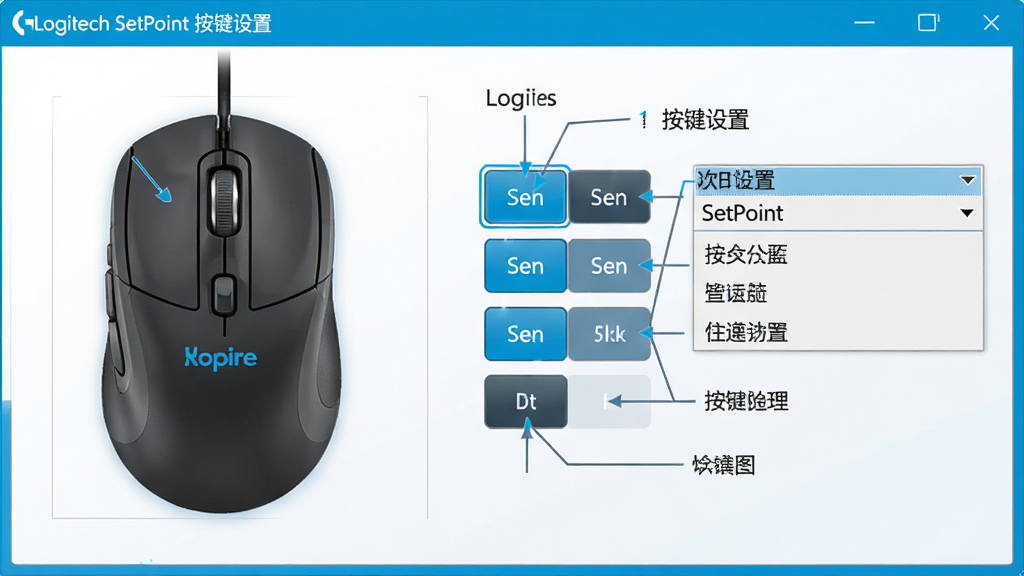 һ���޼�SetPoint�����������ý����չʾͼ������Ϊ��갴��������壬����Ϊ��긩��ͼ�Ӱ�����ע���Ű����������Ϊ�Ƽ�������ɫ��ϸ�ڰ�������ɵ�������������������ܲ˵�����������������ɾ����޶���Ԫ�أ����������ֱ�ע��Logitech SetPoint �������á�