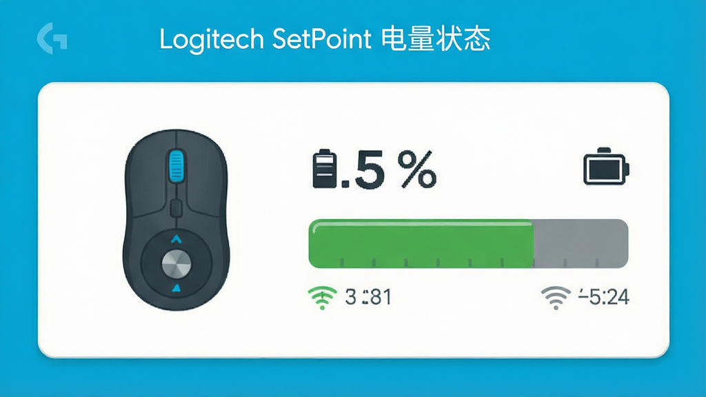 һ���޼�SetPoint�����豸����״̬��ؽ����չʾͼ������Ϊ�������ͼ�������ָʾ��������Ϊ�豸��Ϣ��Ƭʽ�Ű棬���Ϊ���¼�Լ�磬ϸ�ڰ��������ٷֱ����֡����ͼ�ꡢ����״̬��ʶ����������������ɾ����޶���Ԫ�أ����������ֱ�ע��Logitech SetPoint ����״̬��