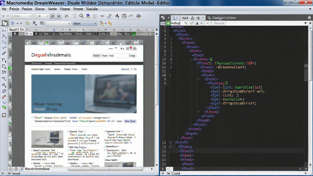 һ��չʾ Macromedia Dreamweaver ˫ģʽ�༭���ܵ�ͼƬ������Ϊ���������������ͼ�������ͼ������ʾ����������벿��Ϊ���ӻ���ҳ�Ű棬�Ұ벿��Ϊ��Ӧ��HTML���룬�Ű�����Գƣ����Ϊ�ִ�����������ϸ�������ִ�����ɫ���ֺͱ�ǩ�㼶���������������ɾ��޶���Ԫ��