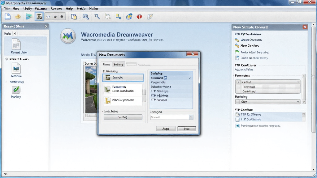 һ��չʾ Macromedia Dreamweaver ���ֲ��������ͼƬ������Ϊ����������Ļ�ӭ��Ļ���½�վ���򵼣�����������Ϊ�½��ĵ�ѡ�����Ϊ���ʹ�õ��ļ��Ͱ������ӣ��Ű������ˣ����Ϊ�Ѻ����õ��������棬ϸ��������վ�����öԻ����FTP���ò��裬���������ɾ��޶���Ԫ��