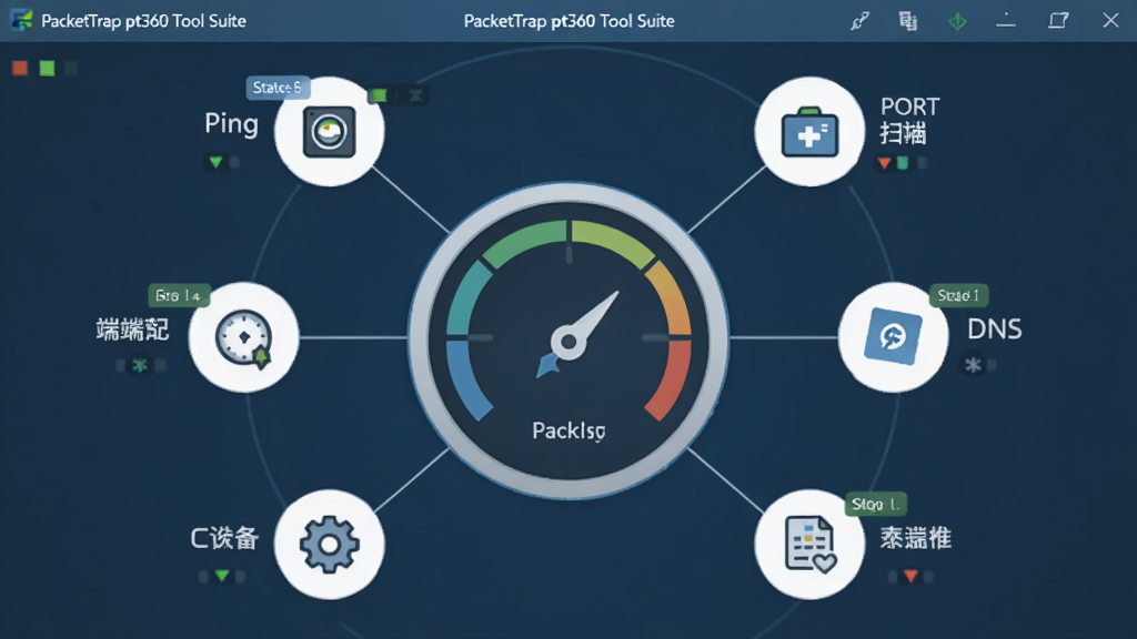 ���������� PacketTrap pt360 Tool Suite �������������ͼ���廭������������һ��Բ���Ǳ��̣���Χ�����Ŷ������ͼ�꣬�ֱ����Ping���˿�ɨ�衢DNS��ѯ�ȹ���ģ�顣���ֲ��÷���״�ṹ��ͼ���������Ǳ���֮����ϸ�����ӡ����Ϊ��ƽ���Ƽ��磬ϸ�ڰ���ͼ���ϵ�С��ǩ��״ָ̬ʾ�ơ����������ɾ����޶���Ԫ�أ�����Ϊ����ɫ���䡣