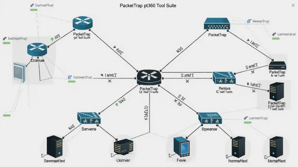 ����������һ����������ͼ���� PacketTrap pt360 Tool Suite �Զ����ɣ�ͼ�а���·�����������������������ն��豸��ͼ�꣬�ڵ�֮�����������ӱ�ʾ������·�����ֲ��ò�λ��ṹ�������豸λ�����룬��֧�������졣���Ϊ����ʾ��ͼ���ϸ�ڰ����豸ͼ���Ե�С�ֱ�ǩ���������ϵ�״̬��ǡ����������ɾ����޶���Ԫ�أ�����Ϊǳ��ɫ��