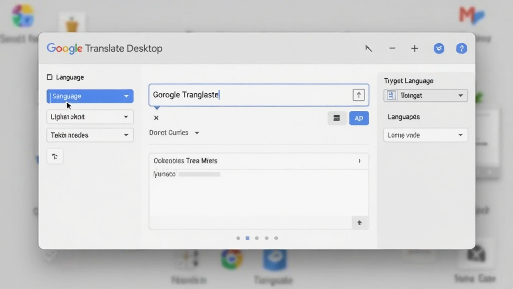 一张展示 Google Translate Desktop 软件主界面的图片,画面中央是简洁的翻译输入框与输出框,左侧为源语言选择区,右侧为目标语言选择区,背景为干净的浅灰色桌面,风格为现代简约商务风,细节清晰,画质干净,无多余元素