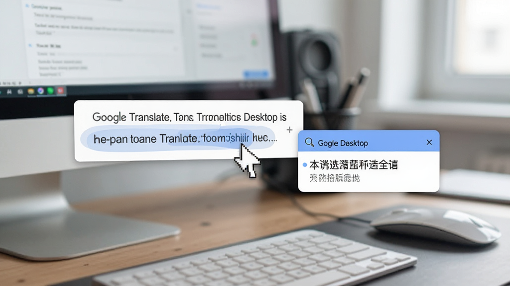 一张展示 Google Translate Desktop 划词翻译功能的图片,画面中鼠标指针选中了一段英文文本,旁边弹出一个小巧的翻译结果窗口,窗口内显示中文译文,背景为办公桌面环境,风格为写实科技风,细节清晰,画质干净,无多余元素