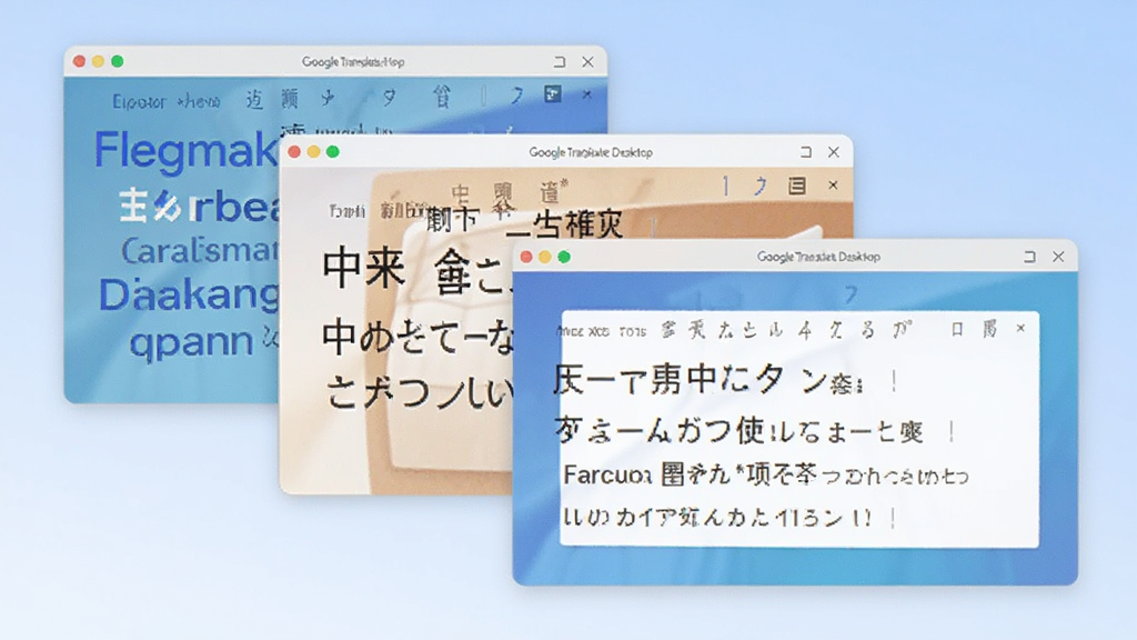 一张 Google Translate Desktop 多语种翻译功能的示意图,画面中同时展示英语、中文、日语、法语四种语言的翻译窗口,窗口以层叠方式排列,背景为柔和的浅蓝色渐变,风格为科技感扁平化设计,细节清晰,画质干净,无多余元素